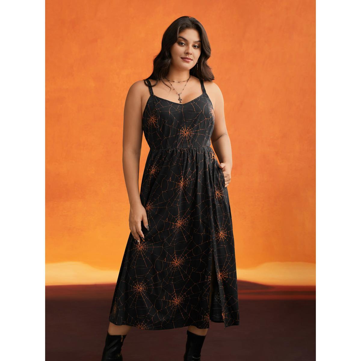 Plus Size Mystical Spiderweb Waist-Cinching Midi Dress Black Women Cocktail Slit Party Curvy Bloomchic 18-20/2X Product Image