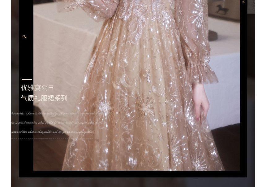 Long-Sleeve Round Neck Embroidered Sequin Mesh A-Line Cocktail Dress / Evening Gown Product Image