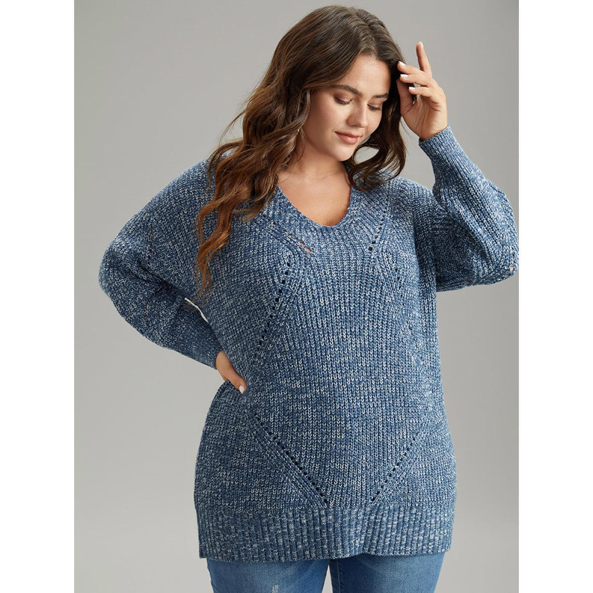 Plus Size Heather Elastic Cuffs Cut Out Pullover Stone Women Casual Loose Long Sleeve V-neck Dailywear Pullovers BloomChic 14-16/1X Product Image