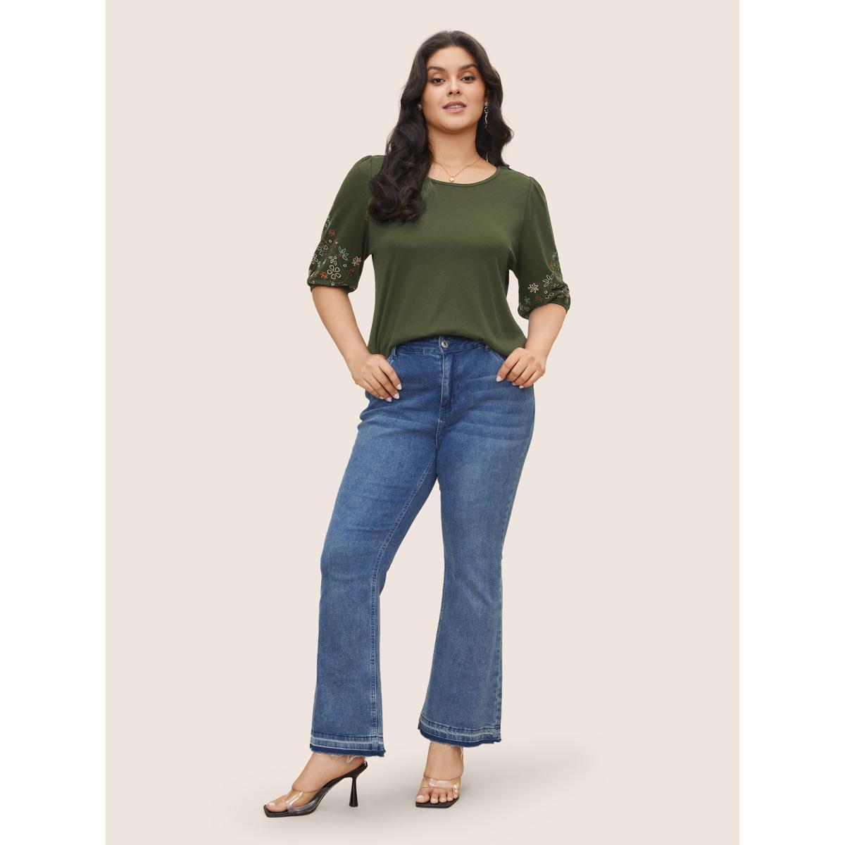 Plus Size Floral Embroidered Crew Neck Puff Sleeve T-shirt ArmyGreen Women Elegant Embroidered Round Neck Everyday T-shirts BloomChic 18-20/2X Product Image