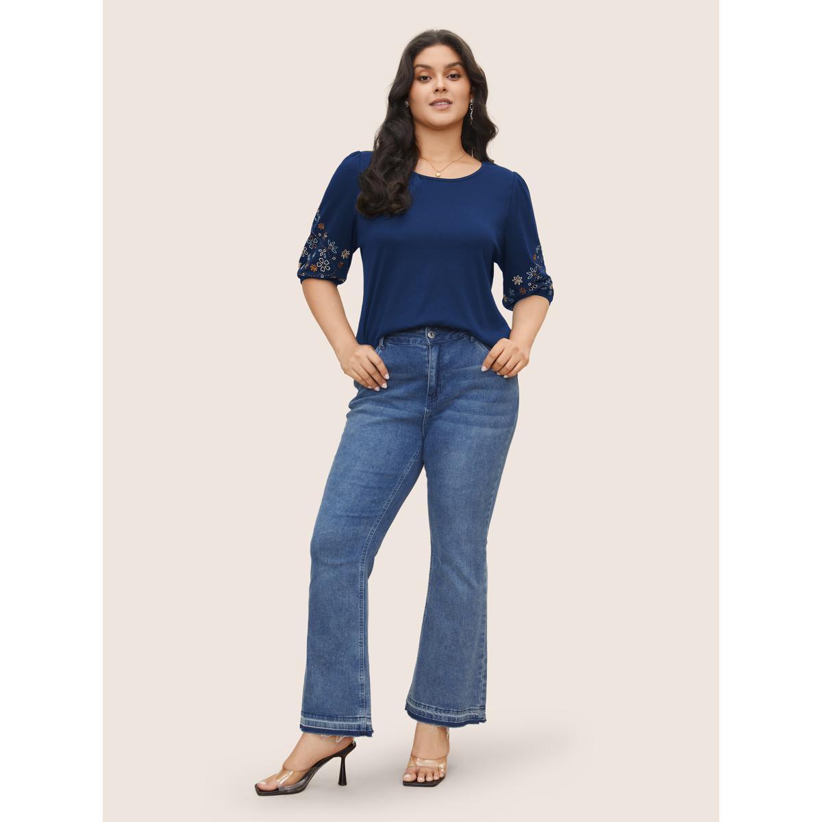 Plus Size Floral Embroidered Crew Neck Puff Sleeve T-shirt Indigo Women Elegant Embroidered Round Neck Everyday T-shirts BloomChic 10/M Product Image