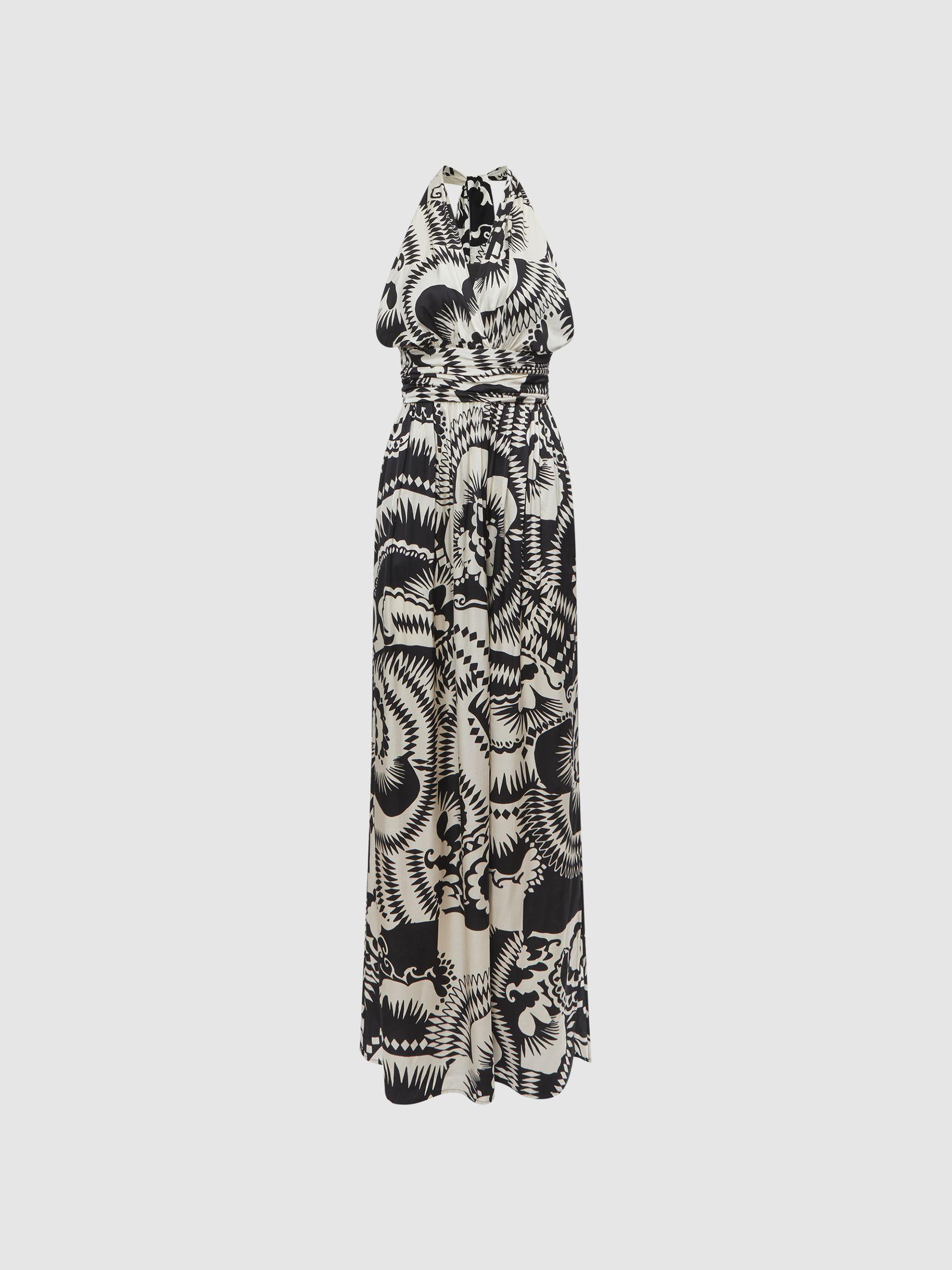 Printed Halter Neck Maxi Dress in Black/White Product Image