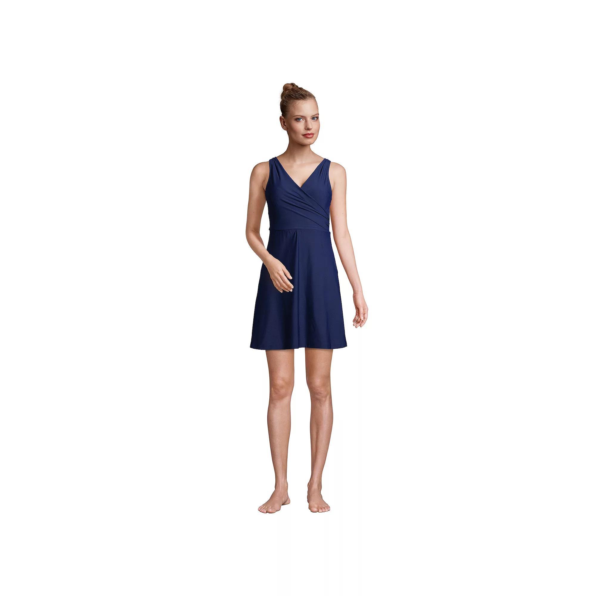 Petite Lands' End UPF 50 Tummy Control Surplice One-Piece Swim Dress, Women's, Size: 4 Petite, Deep  Blue Product Image