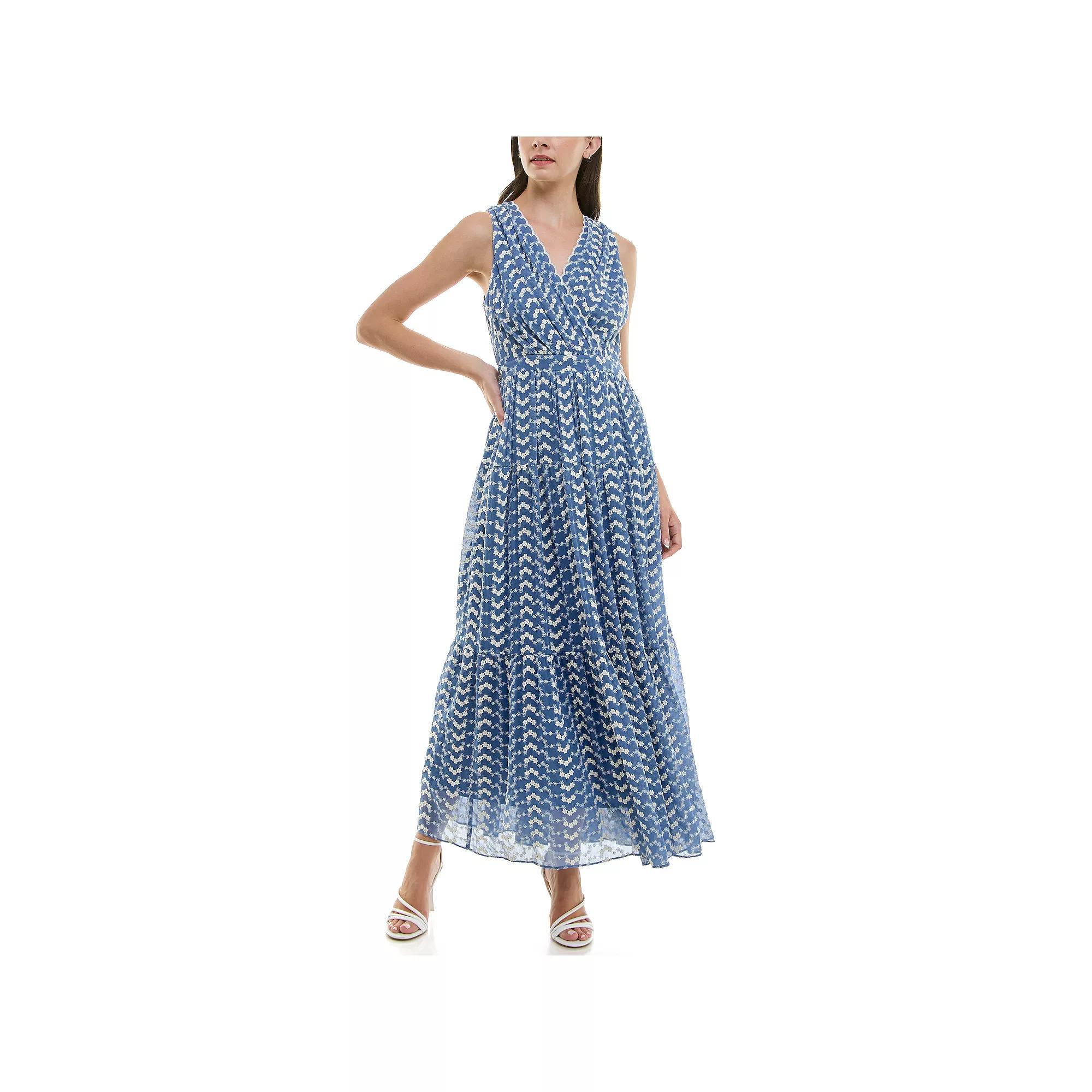Women's Taylor Foldover V-Neck Embroidered Tiered Dress, Size: 4, Blue Ivory Product Image