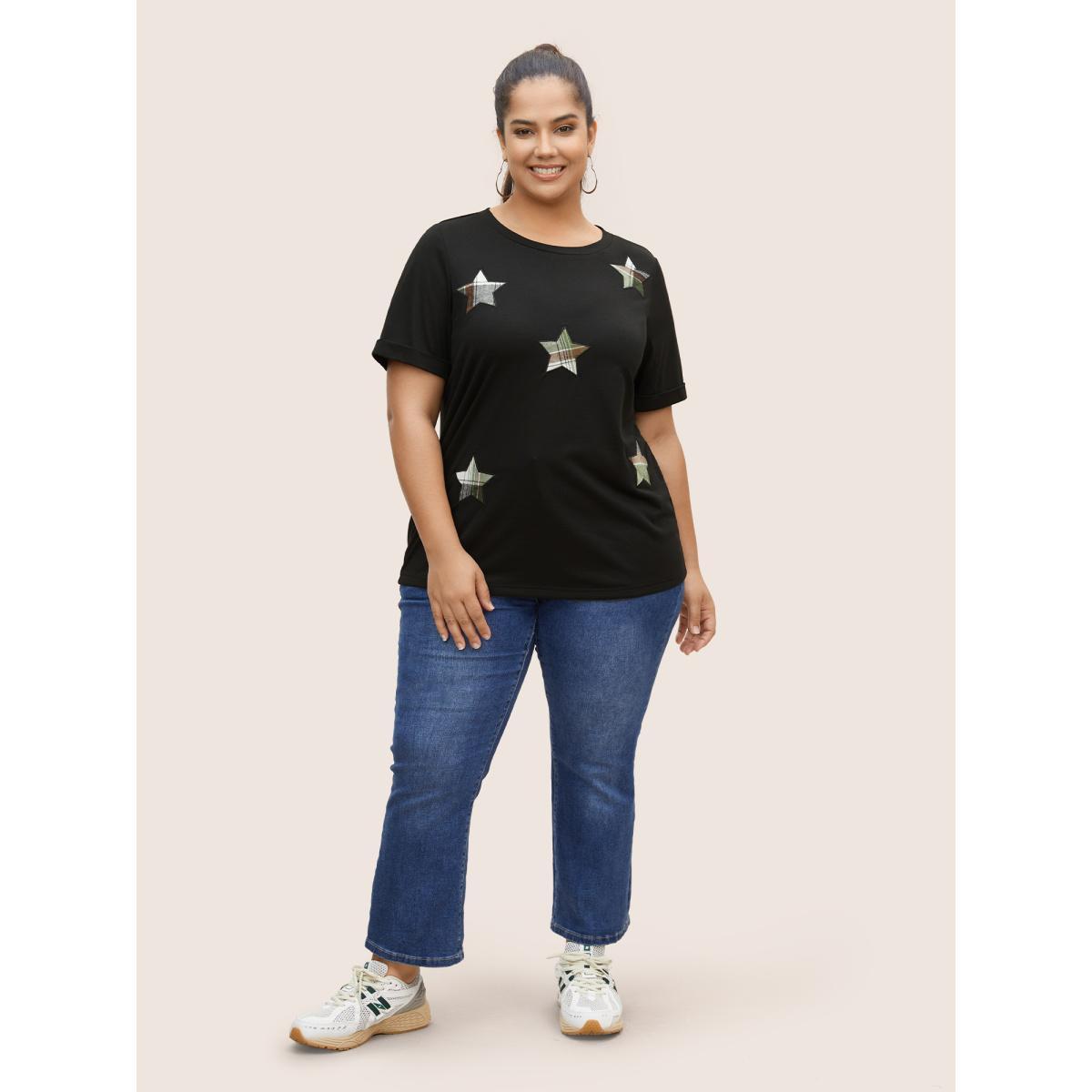 Plus Size Star Embroidered Patch Round Neck T-shirt Black Women Casual Contrast Star and moon Round Neck Everyday T-shirts BloomChic 30/6X Product Image