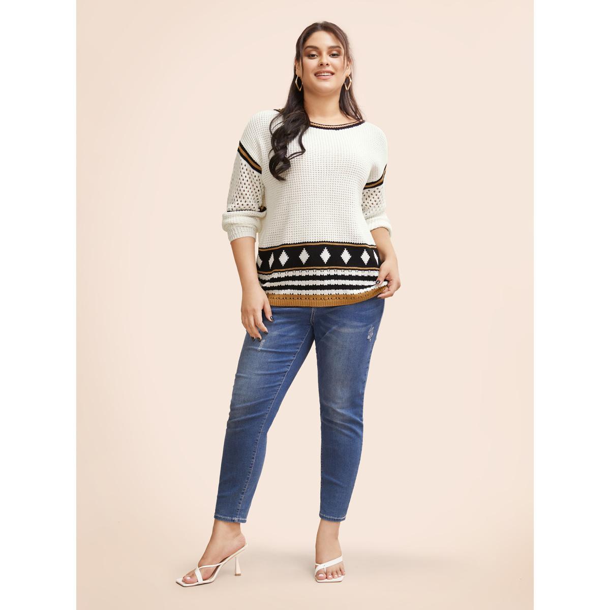Plus Size Cotton Geometric Striped Drop Shoulder Sleeve Pullover Ivory Women Resort Loose Long Sleeve Round Neck Vacation Pullovers BloomChic 18-20/2X Product Image