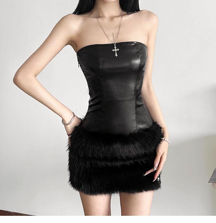 Strapless Plain Fluffy Trim Faux Leather Mini Sheath Dress Product Image