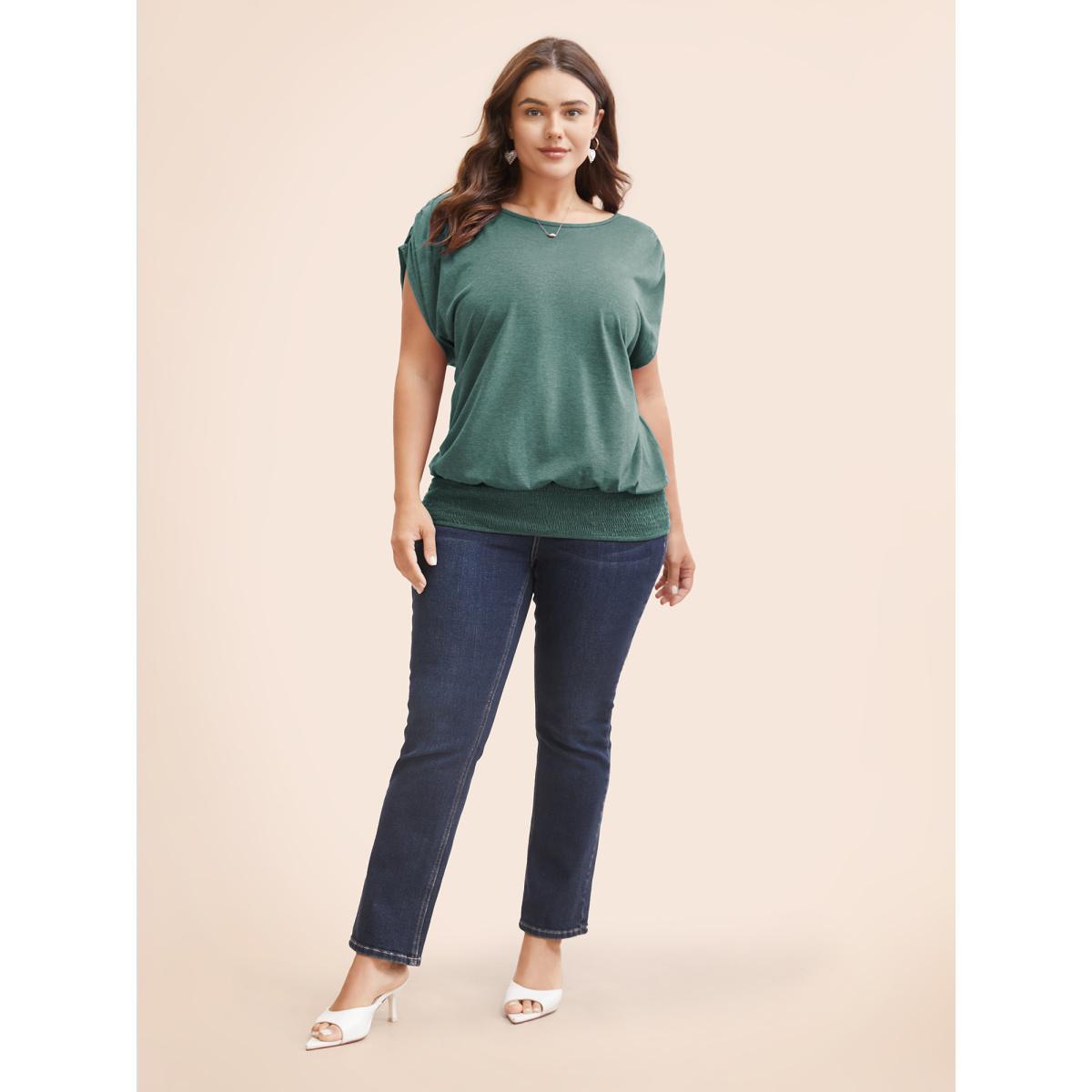Plus Size Solid Ruched Batwing Sleeve Shirred Hem T-shirt Cyan Women Elegant Ruched Plain Boat Neck Everyday T-shirts BloomChic 14-16/1X Product Image
