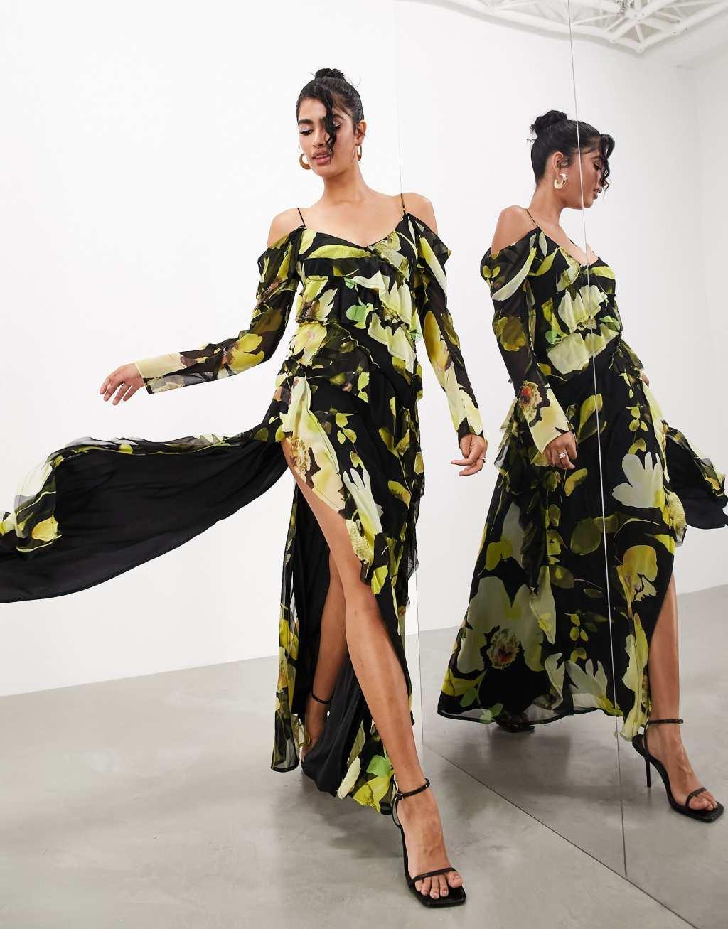 ASOS EDITION long sleeve bias cut maxi dress with raw edge frills Product Image