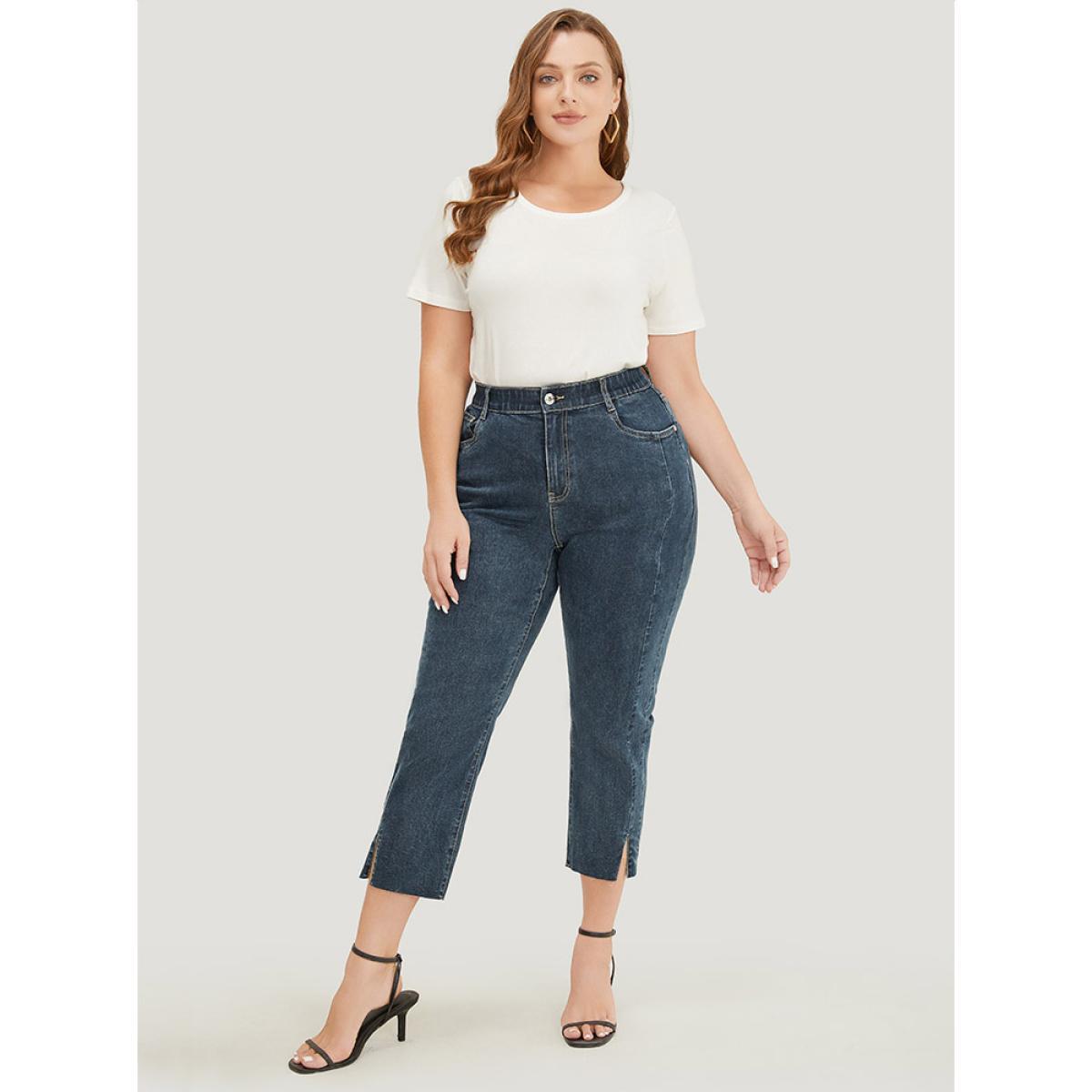 Plus Size Very Stretchy High Rise Dark Wash Split Jeans Women Midnight Casual Plain Slit High stretch Pocket Jeans BloomChic 12/L Product Image