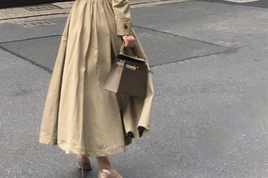 Notch Lapel Plain Double-Breasted Midi A-Line Coat Dress Product Image