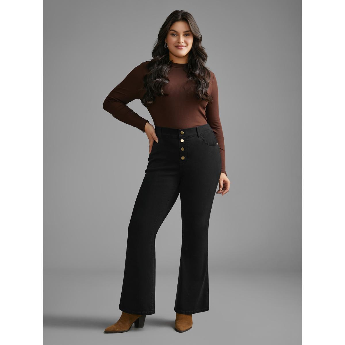Plus Size Black Wash Buckle Detail Bootcut Jeans Women Denimblack Elegant Button Medium stretch Slanted pocket Jeans BloomChic 14/1X Product Image