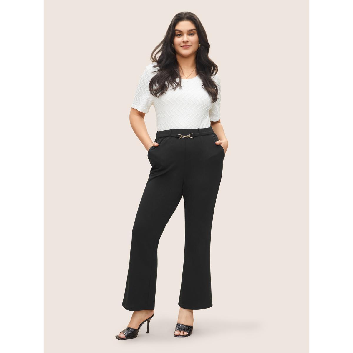 Plus Size Flare Leg Pocket Metal Buckle Detail Pants Women Black At the Office Flare Leg High Rise Work Pants BloomChic 18-20/2X Product Image