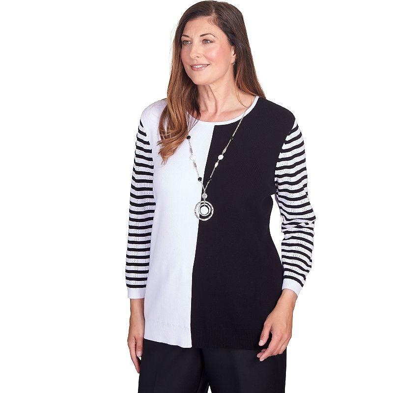 Alfred Dunner Womens World Traveler Colorblock Striped Sleeve Sweater with Necklace Product Image