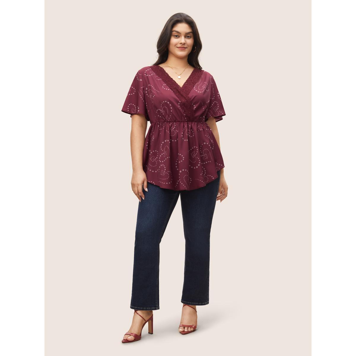 Plus Size Scarlet Heart Lace Patchwork Wrap Elastic Waist Blouse Women Elegant Short sleeve Overlap Collar Everyday Blouses BloomChic 14-16/1X Product Image