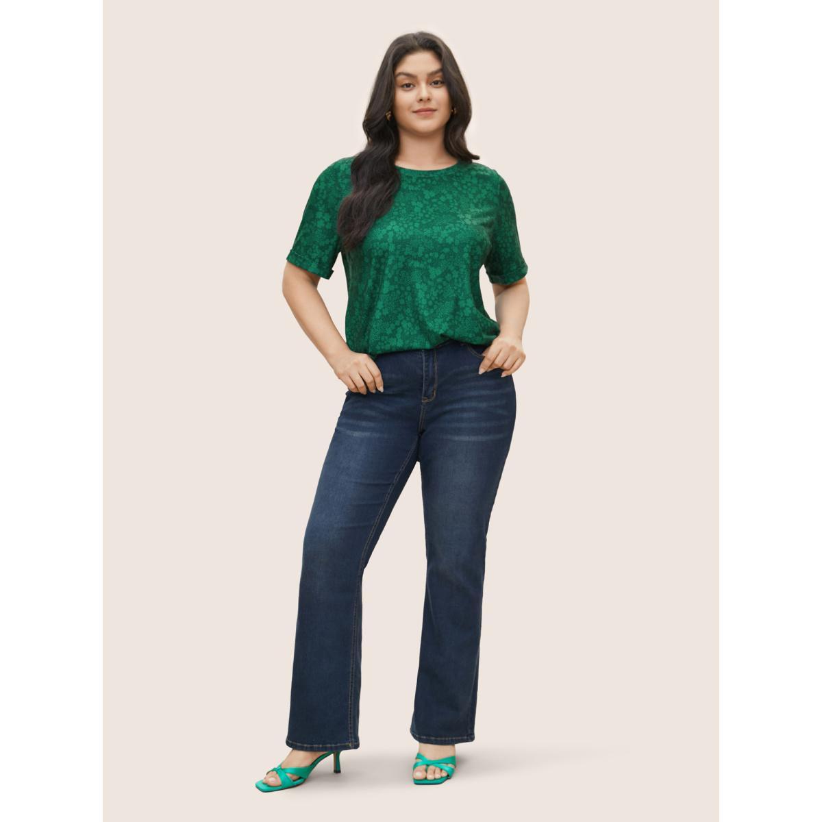 Plus Size Ditsy Floral Print Crew Neck T-shirt DarkGreen Women Casual Non Ditsy Floral Round Neck Everyday T-shirts BloomChic 10/M Product Image