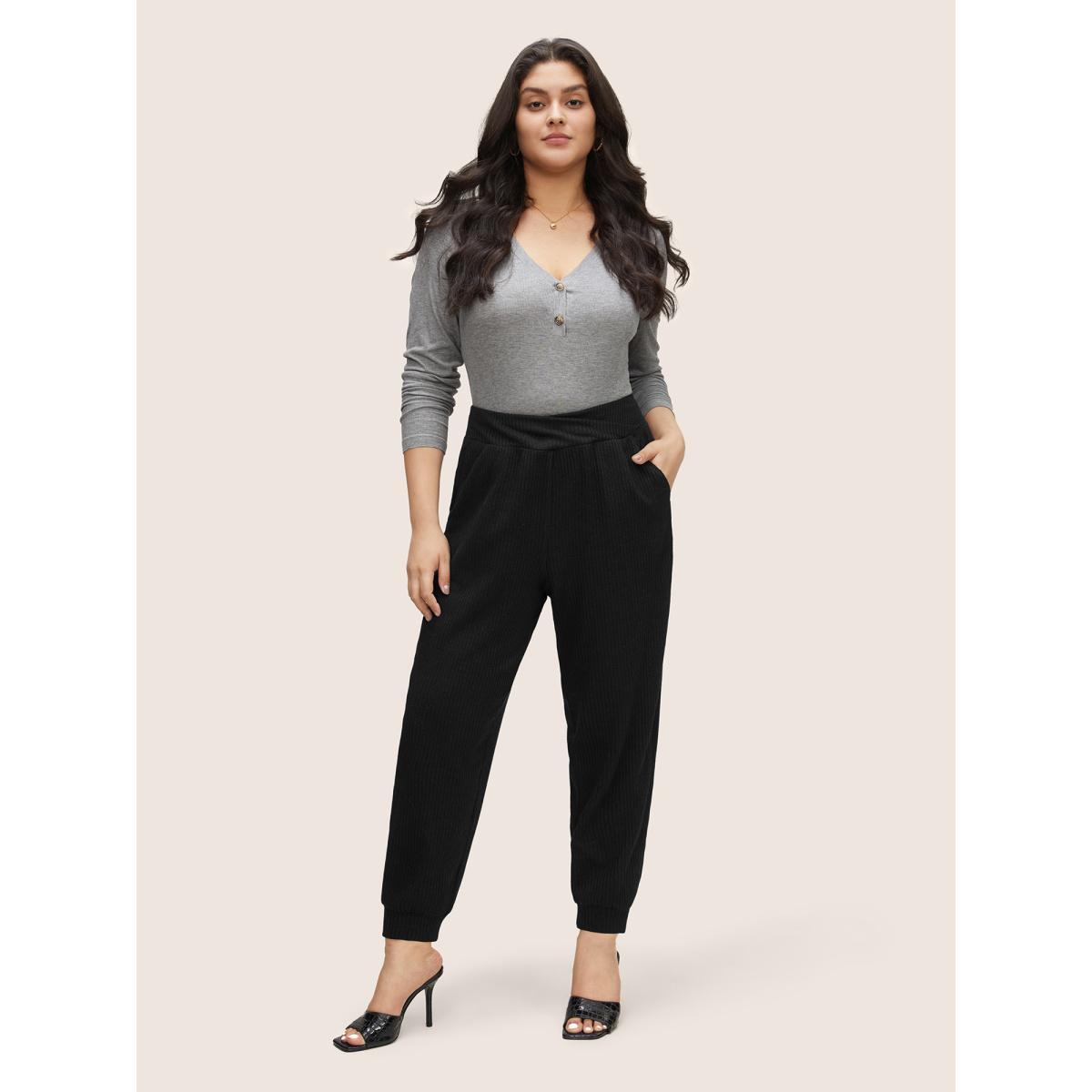 Plus Size Rib Knit Wideband Waist High Rise Pants Women Black Casual High Rise Dailywear Pants BloomChic 10/M Product Image