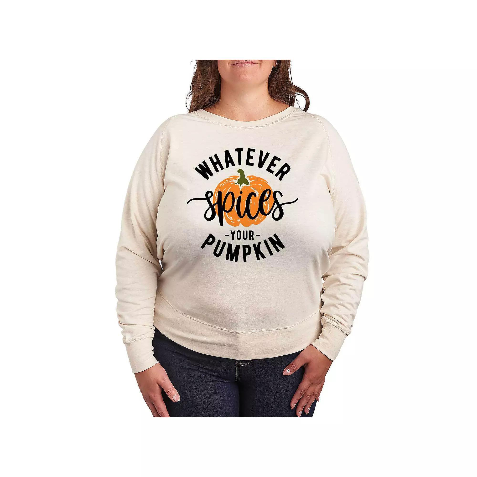 Plus Size Whatever Spices Your Pumpkin French Terry Long Sleeve Tee, Womens Product Image