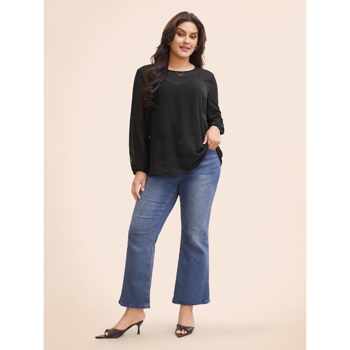 Plus Size Black Appliques Mesh Round Neck Lantern Sleeve Blouse Women Elegant Long Sleeve Round Neck Everyday Blouses BloomChic 30/6X Product Image