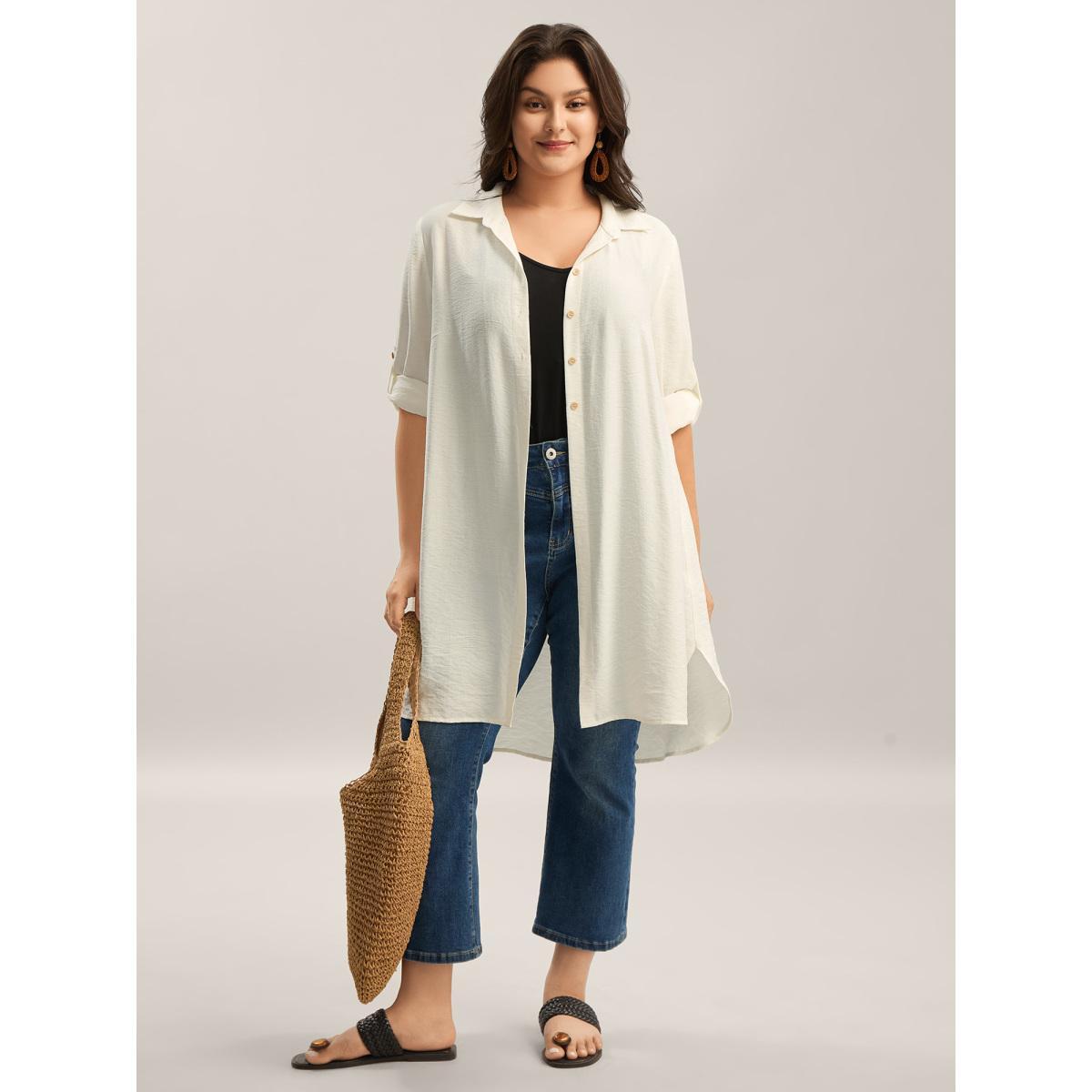 Plus Size Ivory Front-Open Long Basic Blouse Women Long Sleeve Shirt collar Vacation Blouses BloomChic 18-20/2X Product Image