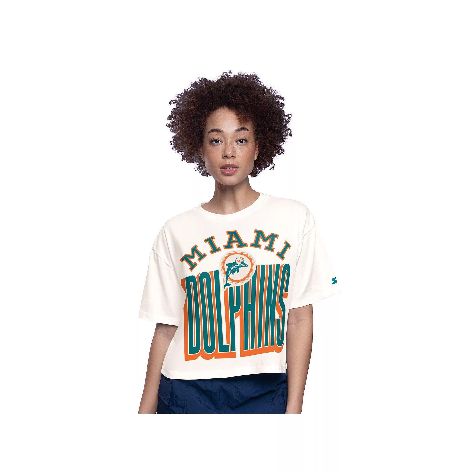 Women's Starter  White Miami Dolphins Throwback Play the Ball Boxy Cropped T-Shirt, Size: Large Product Image