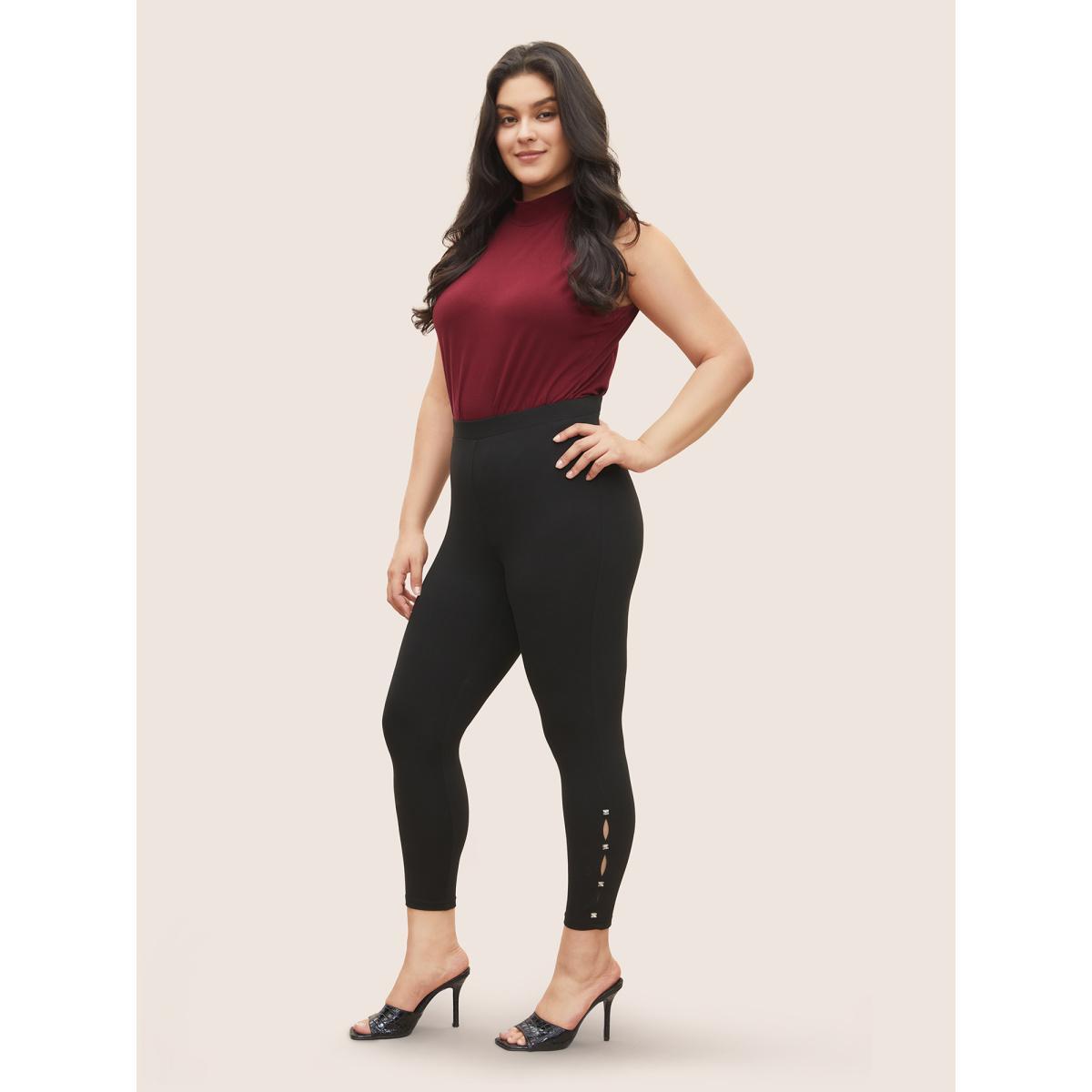 Plus Size Cubic Zirconia Detail Cut Out Skinny Leggings Women Black Elegant High stretch Skinny High Rise Everyday Leggings BloomChic 22-24/3X Product Image