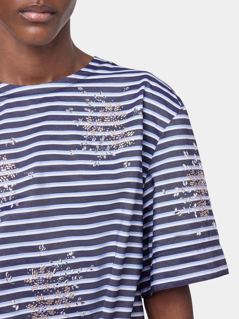 STRIPED WHITE AND BLUE EMBROIDERED TEE-SHIRT IN COTTON POPLIN Product Image