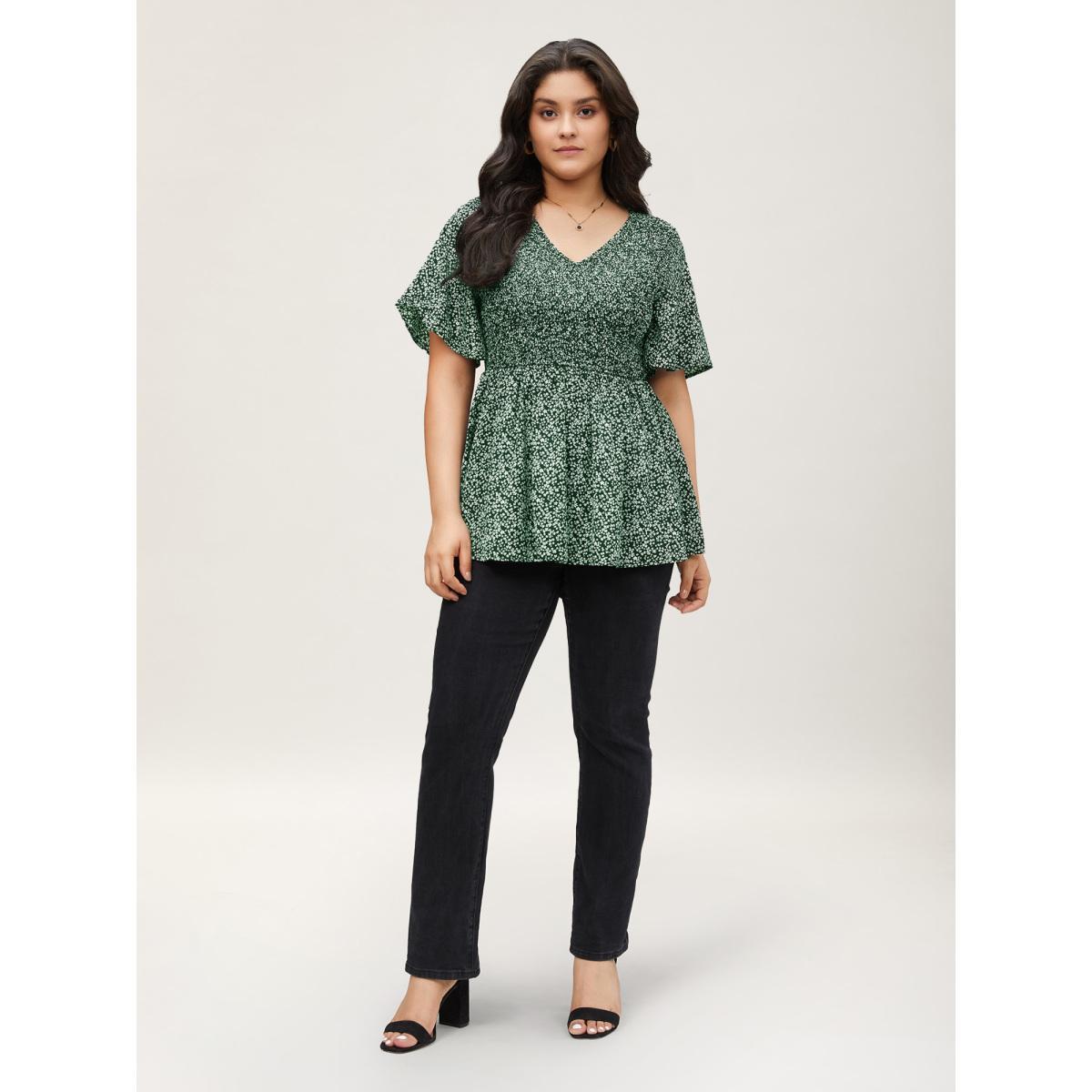 Plus Size DarkGreen Ditsy Floral Shirred Ruffle Sleeve Elastic Waist Blouse Women Elegant Short sleeve V-neck Everyday Blouses BloomChic 22-24/3X Product Image