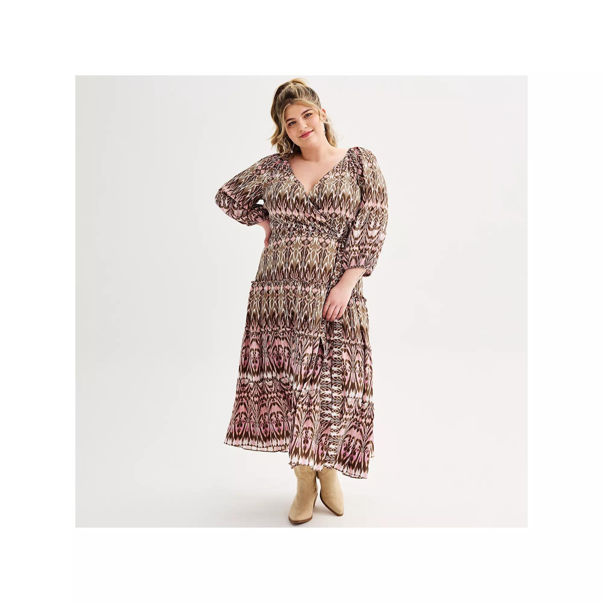 Plus Size Maison Tara Flowy Geometric Print Faux Wrap Midi Dress, Women's, Size: 14 W, Brown Blush Product Image