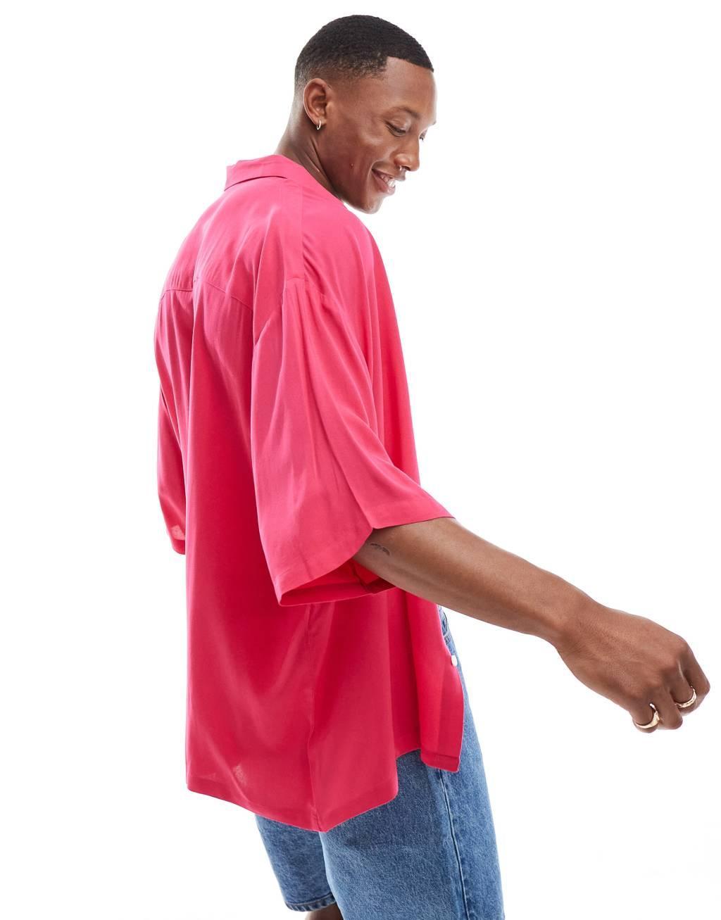ASOS DESIGN oversized viscose shirt in bright pink Product Image