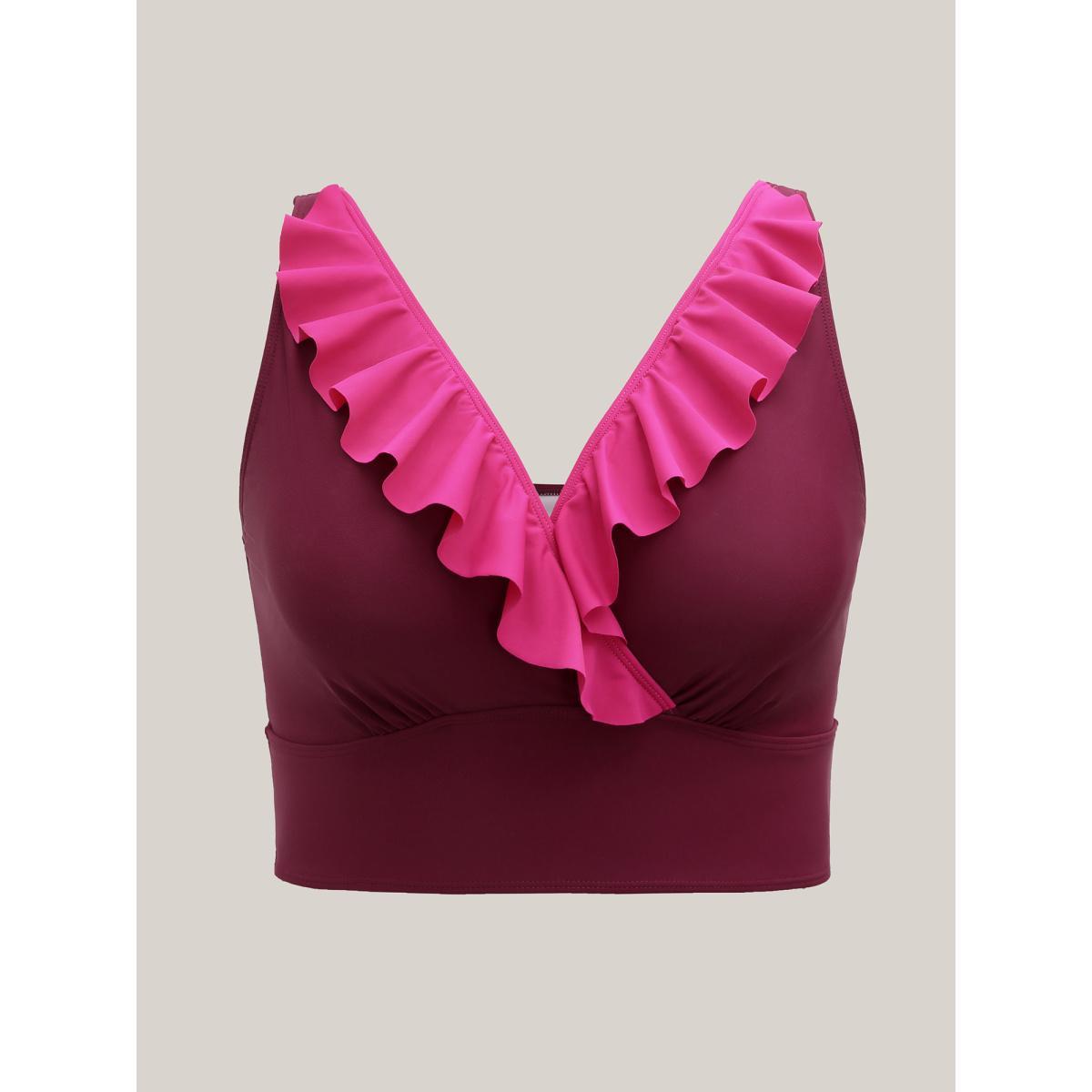 Plus Size Color Block Lotus Edge Swim Top Women's Swimwear RedViolet Beach Ruffles High stretch Skinny Overlap Collar Curve Swim Tops BloomChic 12/L Product Image