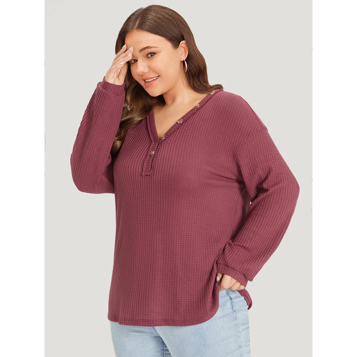 Plus Size Waffle Knit Button Detail V Neck T-shirt Russet Women Casual Elastic cuffs Plain V-neck Dailywear T-shirts BloomChic 22-24/3X Product Image