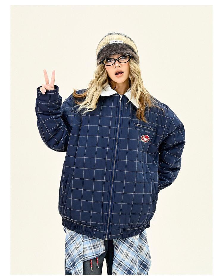 Collared Plaid Zip Up Puffer Bomber Jacket Product Image