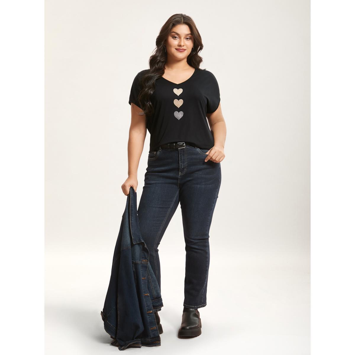 Plus Size Heart Print Stretchy Dolman Sleeve T-Shirt Black Women Casual Non V-neck Everyday T-shirts BloomChic 10/M Product Image