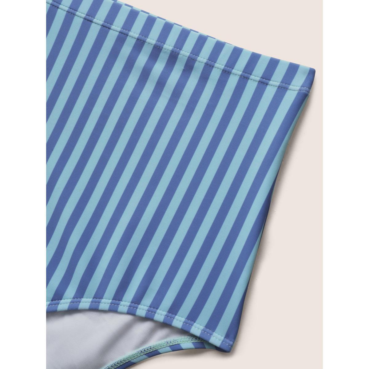 Plus Size V Neck Striped Tie Knot Gathered Swim Dress Women's Swimwear Skyblue Beach Bodycon V-neck High stretch Curve Swim Dresses BloomChic 18-20/2X Product Image
