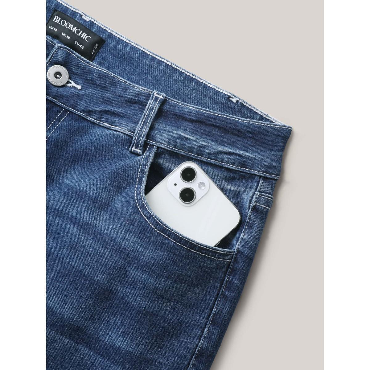 Plus Size Whiskered Wash Crop Skinny-Fit Jeans Women Midblue Medium stretch Slanted pocket Jeans BloomChic 22/3X Product Image