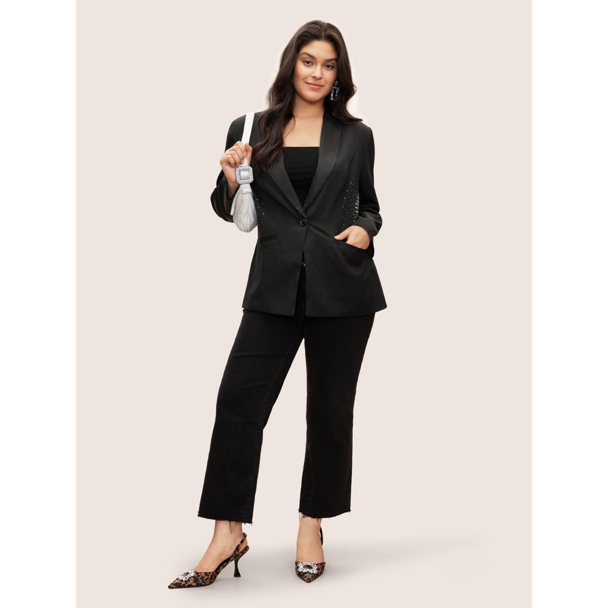 Plus Size Rhinestone Detail Patched Pocket Button Up Blazer Black Women Party Plain Non Sleeve Long Sleeve Suit Collar 14-16/1X Single-flap pocket Cocktail Blazers BloomChic Product Image