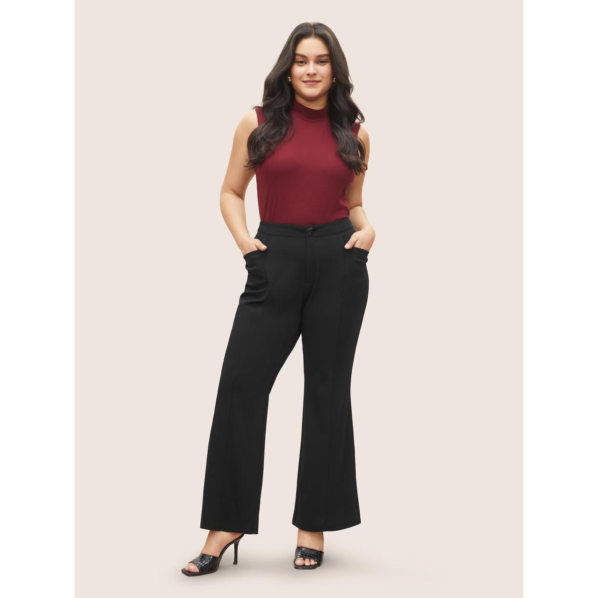 Plus Size Plain Split Hem Flare Leg Pants Women Black At the Office Flare Leg High Rise Work Pants BloomChic 22-24/3X Product Image