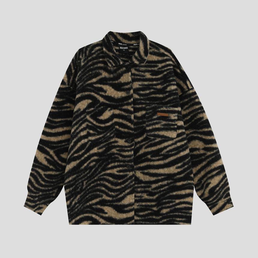 Collared Zebra Print Button-Up Jacket Product Image