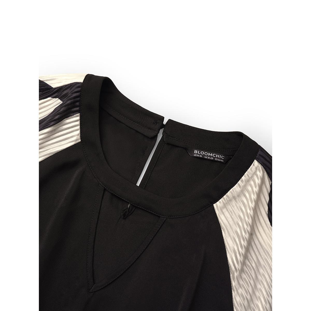 Plus Size Colorblock Keyhole Pleated Detail Shirred Dress Black Women Elegant Gathered Keyhole Cut-Out Long Sleeve Curvy Midi Dress BloomChic 18-20/2X Product Image
