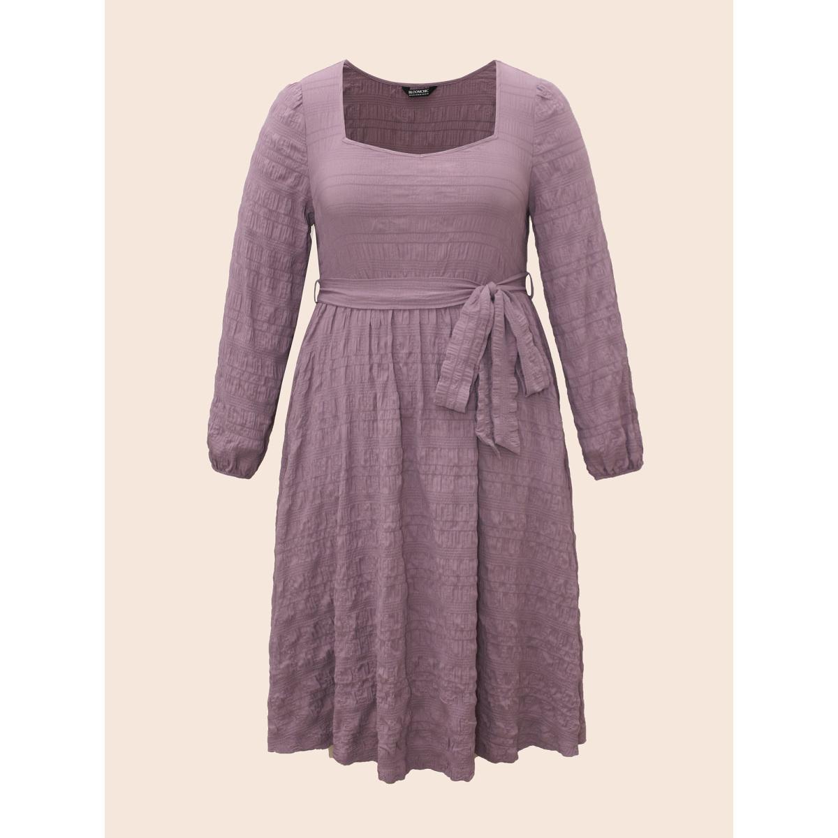 Plus Size Square Neck Plain Textured Belted Dress Mauve Women Elegant Texture Square Neck Long Sleeve Curvy BloomChic 30/6X Product Image