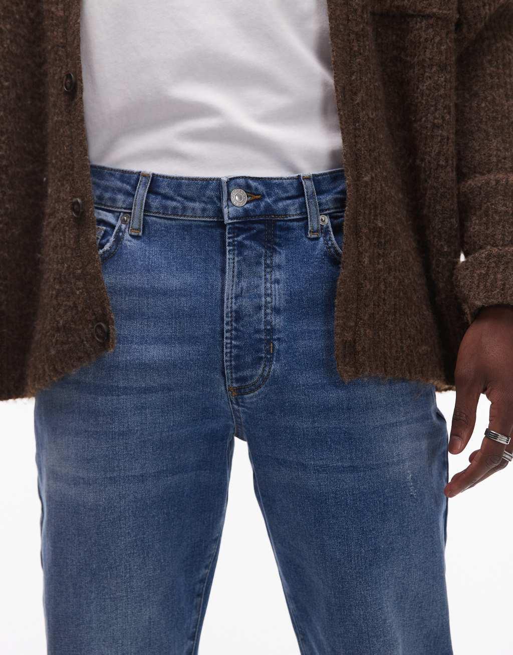 Topman stretch skinny jeans in mid wash blue Product Image