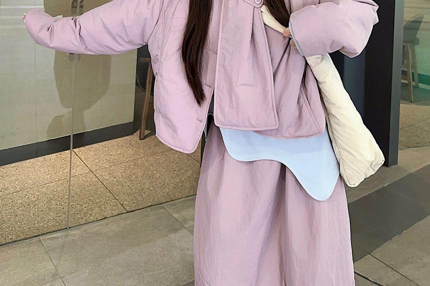 Long-Sleeve Turtleneck Plain Asymmetrical T-Shirt / V-Neck Plain Padded Button Jacket / Scarf / Elastic Waist Midi A-Line Skirt / Set Product Image
