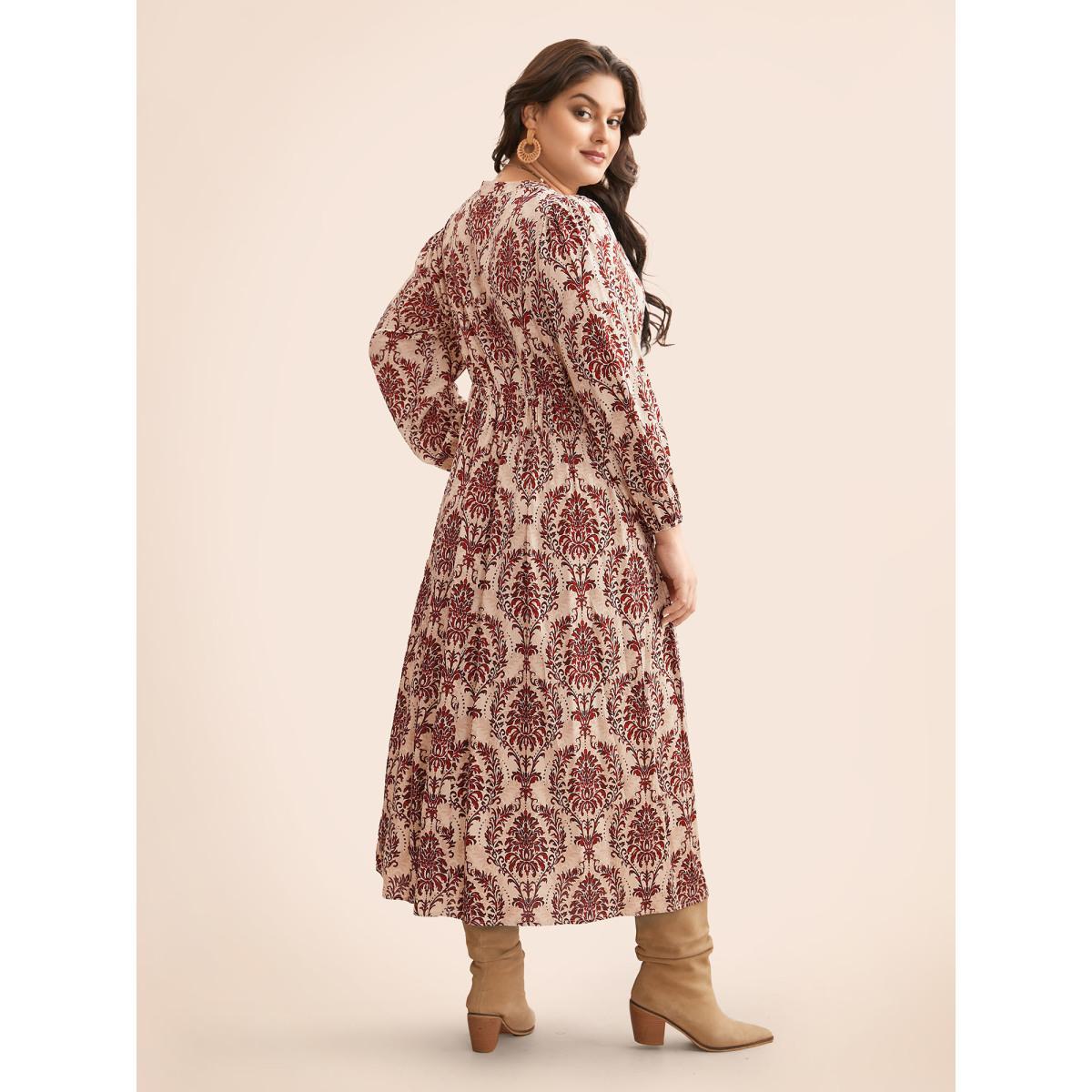 Plus Size Boho Print Notched Tie Knot Maxi Dress Rust Women Resort Tie knot Flat collar with V-notch Long Sleeve Curvy BloomChic 30/6X Product Image