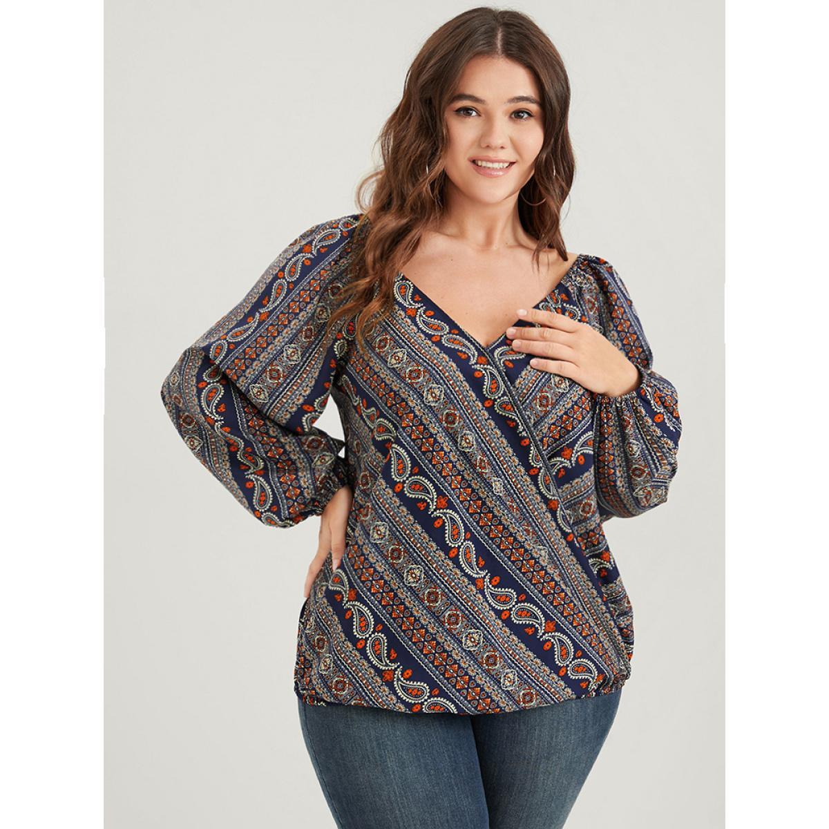 Plus Size DarkBlue Bandana Striped Lantern Sleeve Button Backless Wrap Blouse Women Elegant Long Sleeve V-neck Dailywear Blouses BloomChic 26/4X Product Image