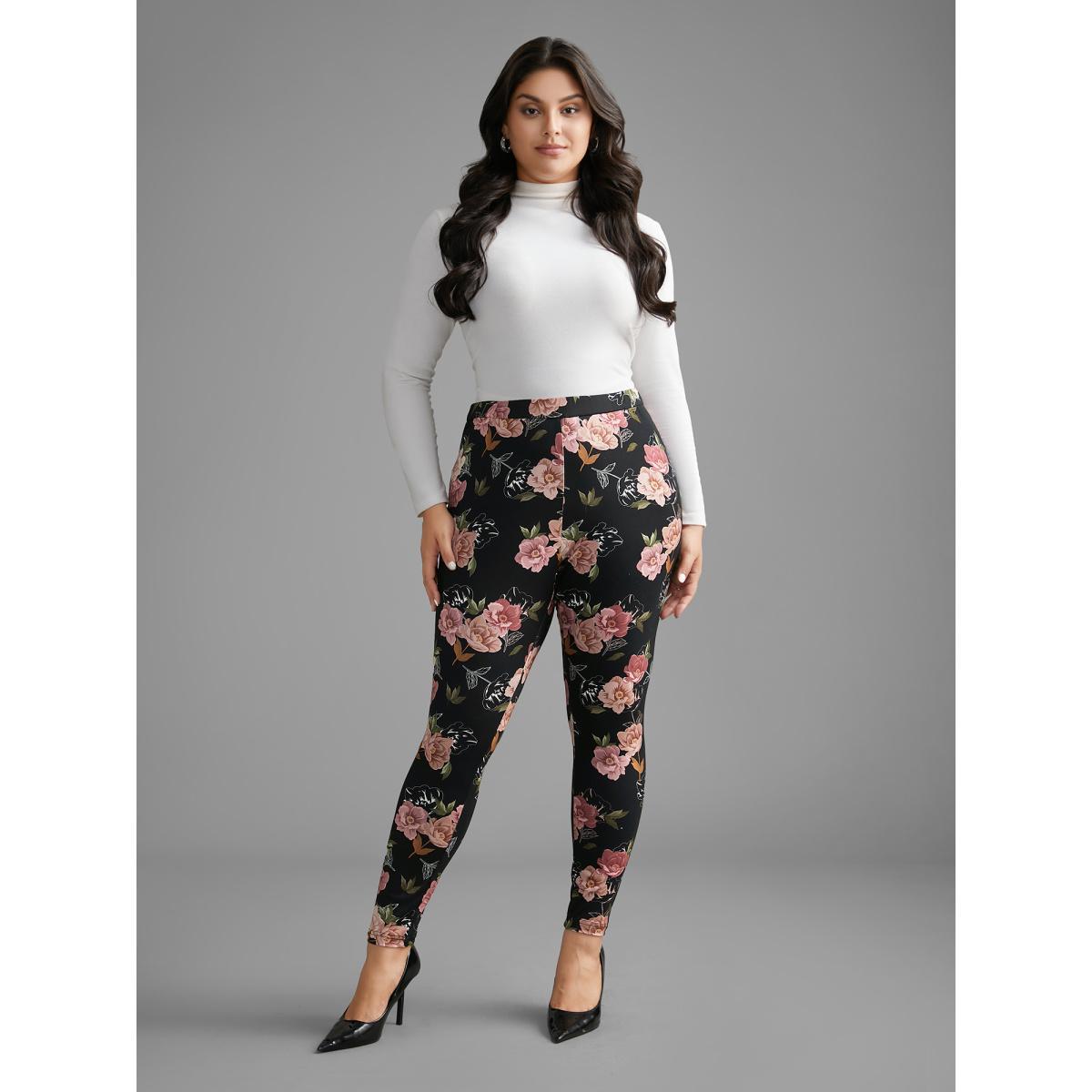 Plus Size Floral Mid Rise Skinny Leggings Women BlackFlower Elegant Medium stretch Skinny Mid Rise Everyday Leggings BloomChic 30/6X Product Image