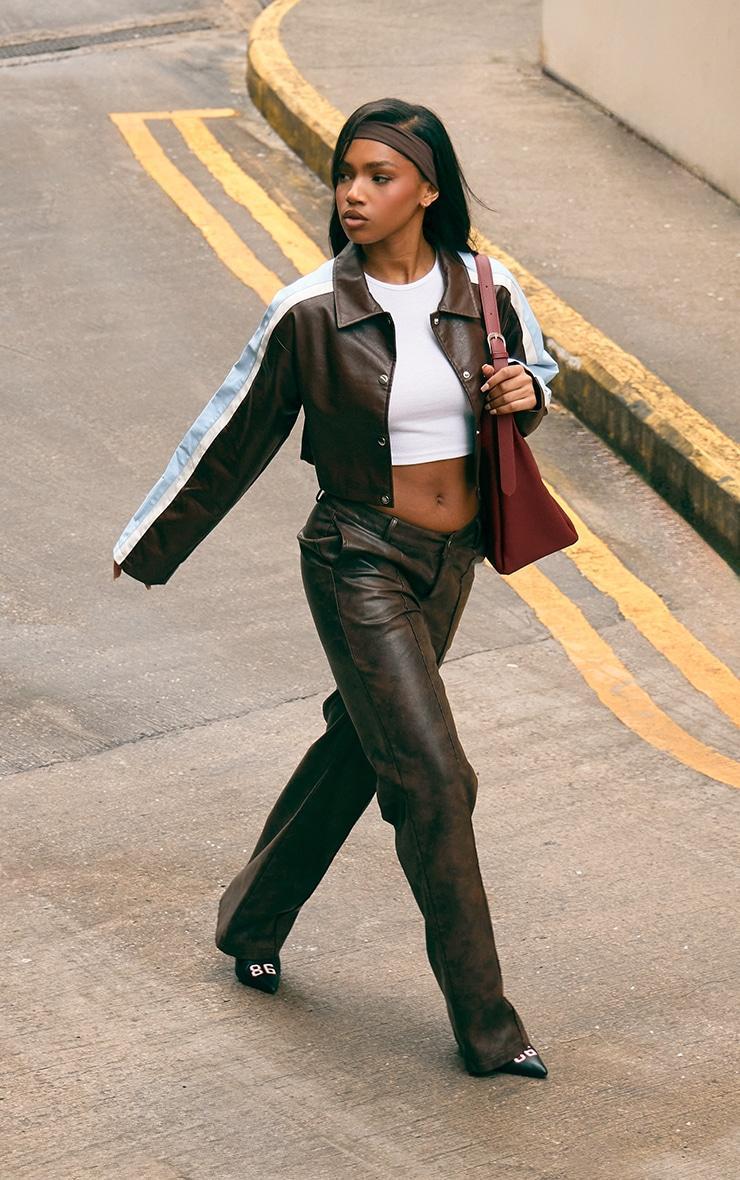 Brown Faux Leather Contrast Stripe Cropped Jacket Product Image