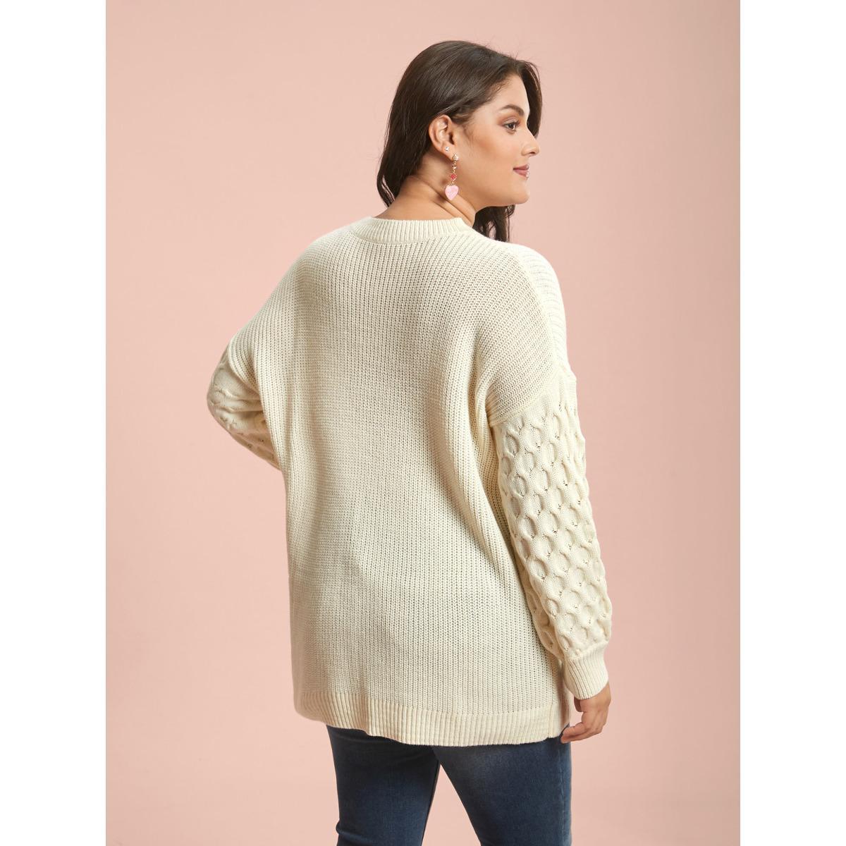 Plus Size Round Neck Heart Cable Knit Pullover Ivory Women Casual Loose Long Sleeve Round Neck Everyday Pullovers BloomChic 10/M Product Image
