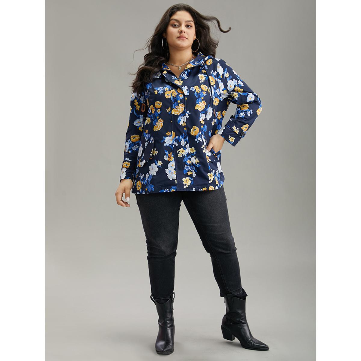 Plus Size Boho Print Drawstring Hooded Zipper Jacket Women Indigo Printed Pocket Dailywear Jackets BloomChic 10/M Product Image
