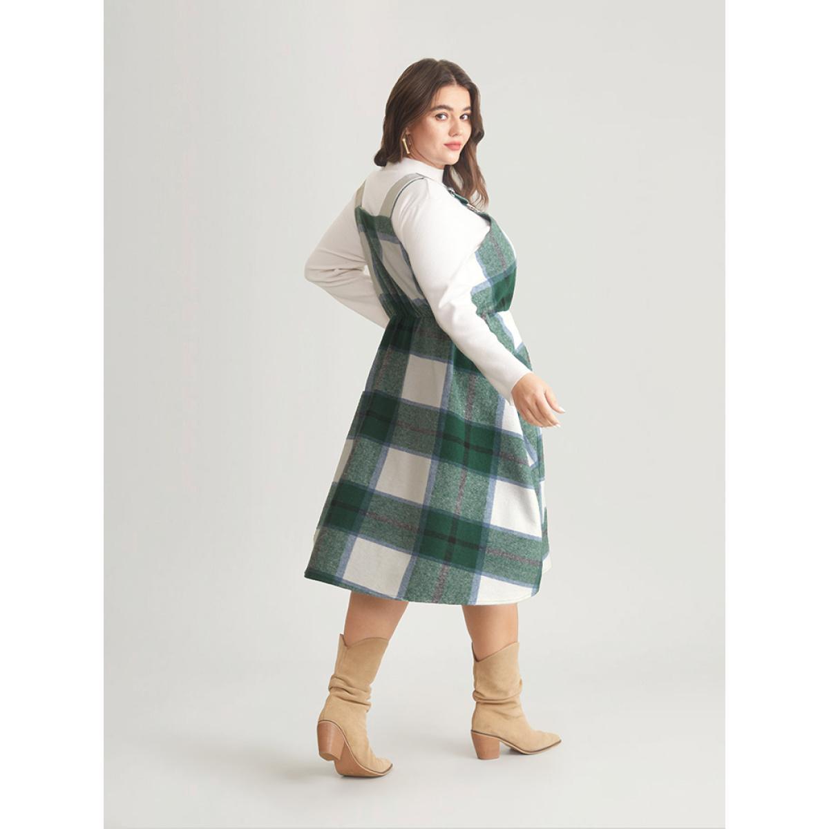 Plus Size Plaid Elastic Waist Button Detail Adjustable Straps Dress DarkGreen Women Casual Adjustable Straps Spaghetti Strap Sleeveless Curvy Midi Dress BloomChic 12/L Product Image